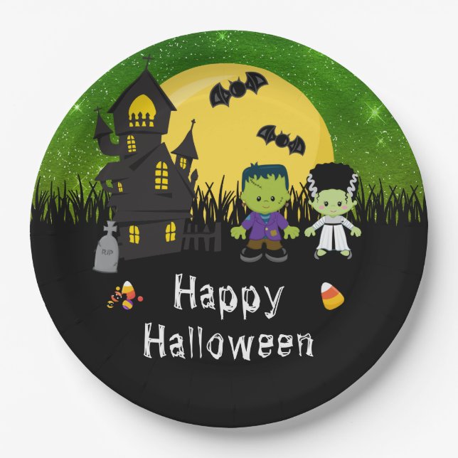 Happy Halloween Party Monsters Green Paper Plates (Front)