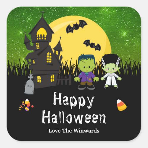 Happy Halloween Party Monsters Green Square Sticker