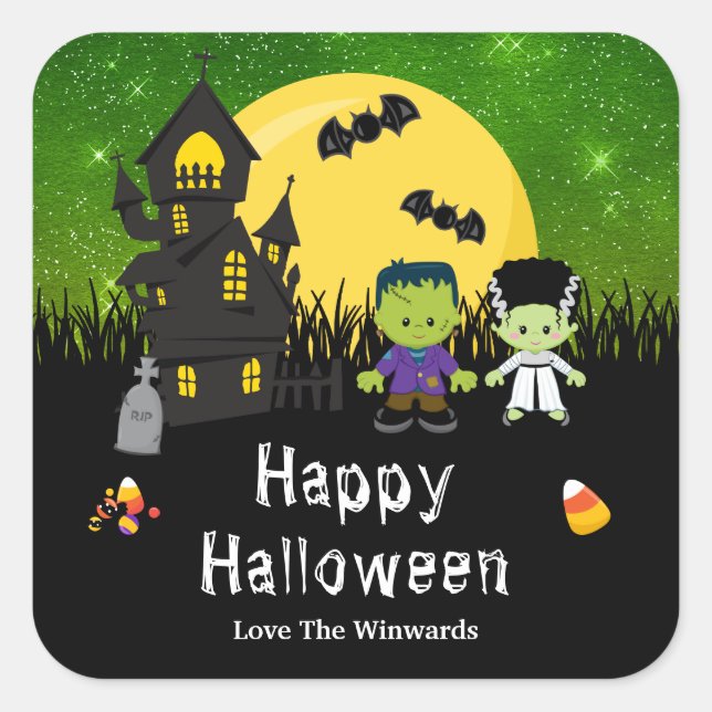 Happy Halloween Party Monsters Green Square Sticker (Front)