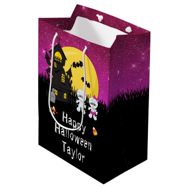 Happy Halloween Party Mummy Dark Pink Medium Gift Bag (Front Angled)