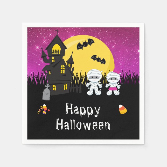 Happy Halloween Party Mummy Pink Napkins (Front)