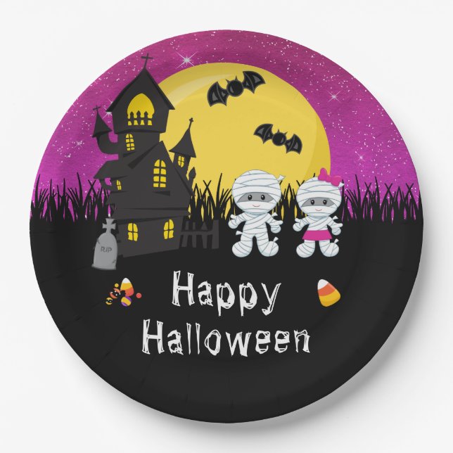 Happy Halloween Party Mummy Pink Paper Plates (Front)