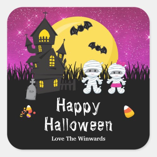 Happy Halloween Party Mummy Pink Square Sticker