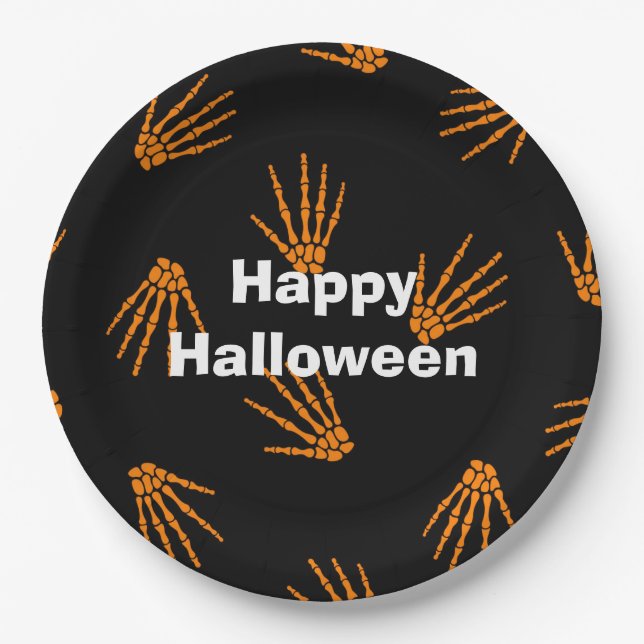 Happy Halloween Party Orange Bones Paper Plates (Front)