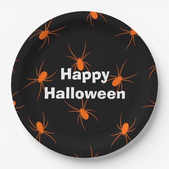 Happy Halloween Party Orange Spider Paper Plates (Front)
