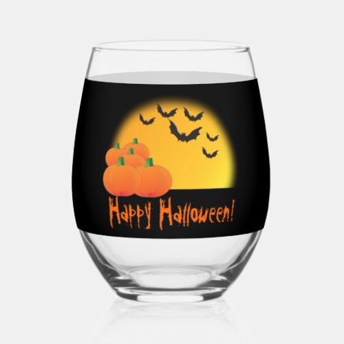 Happy Halloween Party Pumpkin and Bats  Stemless Wine Glass