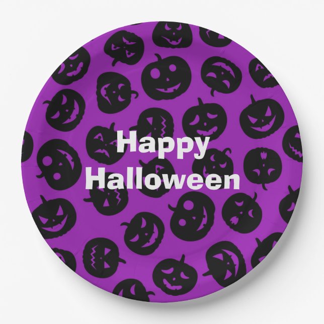 Happy Halloween Party Purple Pumpkin Paper Plates (Front)