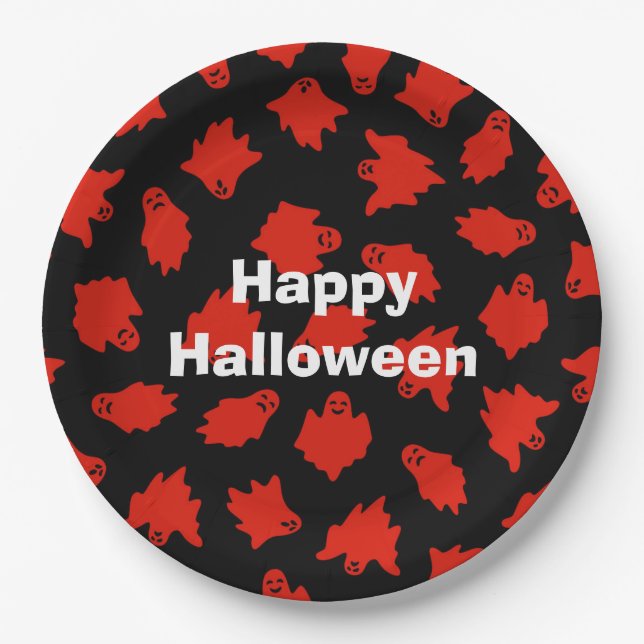 Happy Halloween Party Red Ghost Paper Plates (Front)
