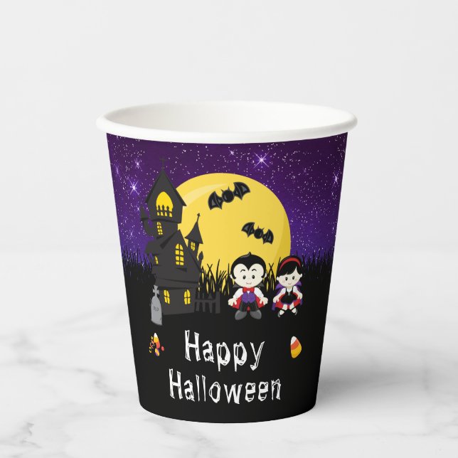 Happy Halloween Party Vampires Purple Paper Cups (Front)