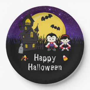 Happy Halloween Party Vampires Purple Paper Plates