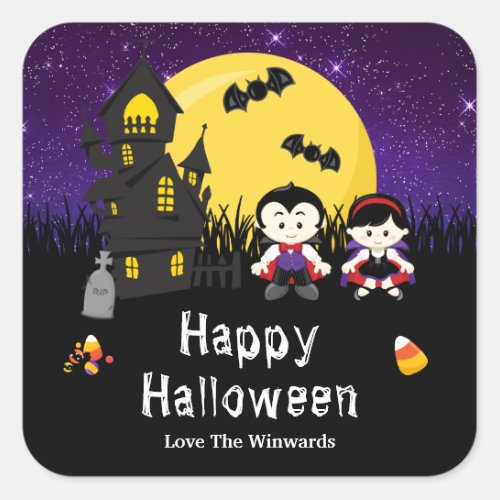 Happy Halloween Party Vampires Purple Square Sticker