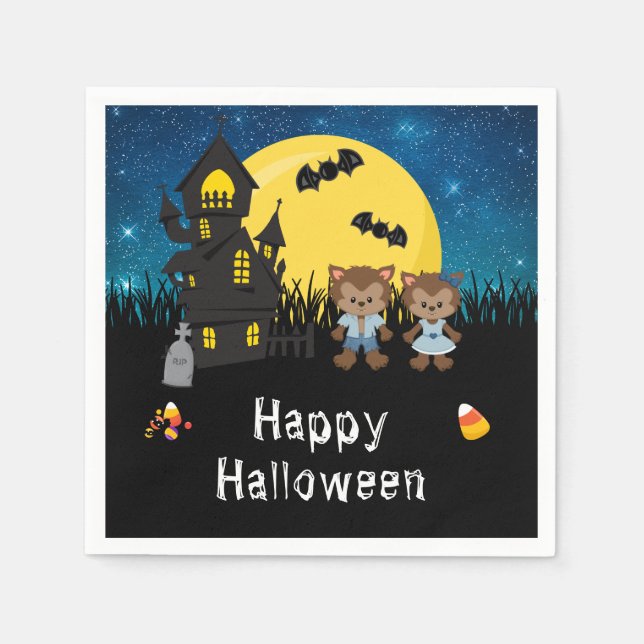 Happy Halloween Party Werewolf Blue Napkins (Front)