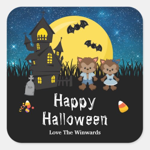 Happy Halloween Party Werewolf Blue Square Sticker