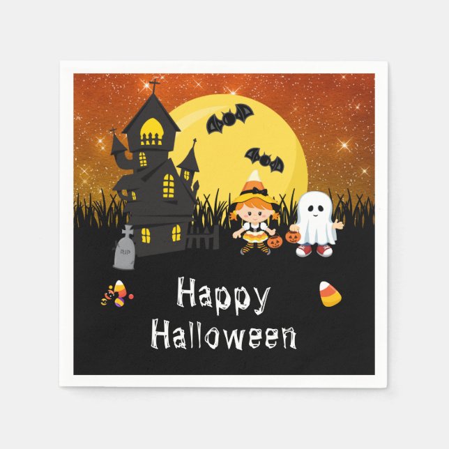 Happy Halloween Party Witch Ghost Orange Napkins (Front)
