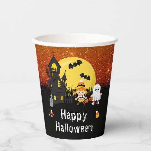 Happy Halloween Party Witch Ghost Orange Paper Cups