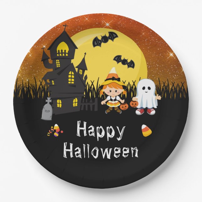 Happy Halloween Party Witch Ghost Orange Paper Plates (Front)