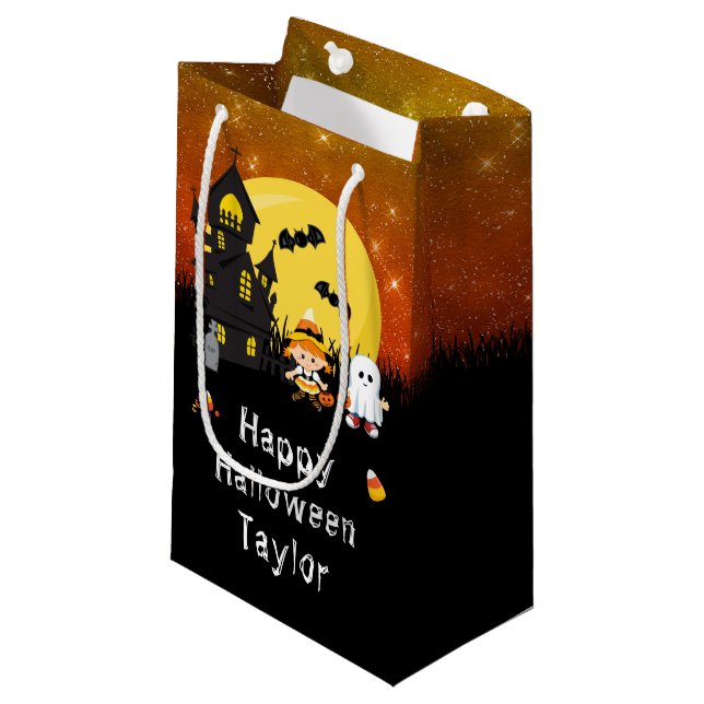 Happy Halloween Party Witch Ghost Orange Small Gift Bag (Front Angled)
