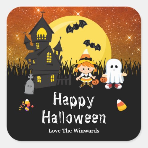 Happy Halloween Party Witch Ghost Orange Square Sticker