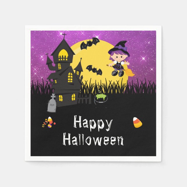 Happy Halloween Party Witch Purple Napkins (Front)