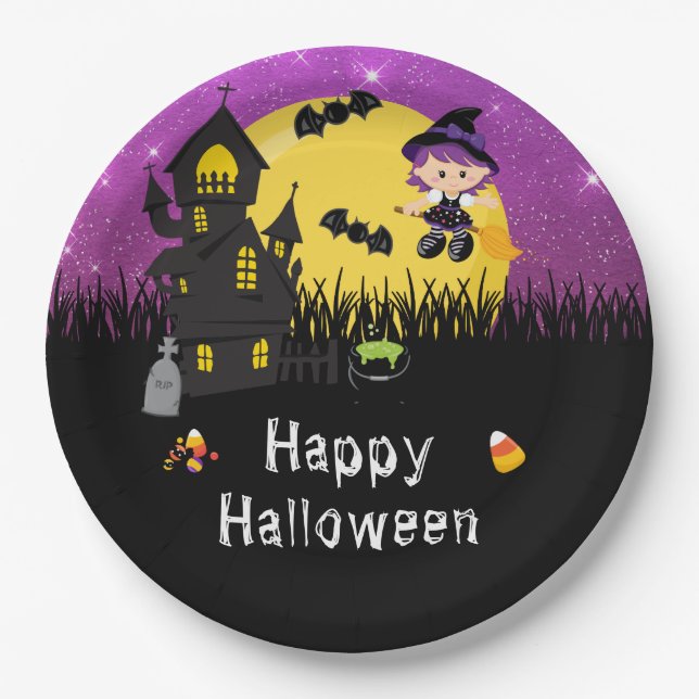 Happy Halloween Party Witch Purple Paper Plates (Front)
