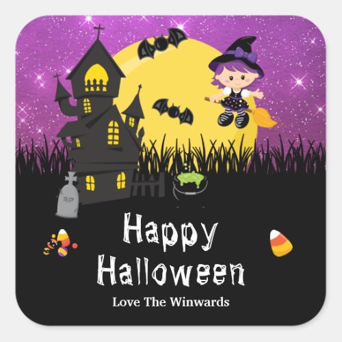 Happy Halloween Party Witch Purple Square Sticker