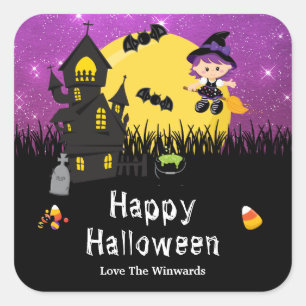 Happy Halloween Party Witch Purple Square Sticker