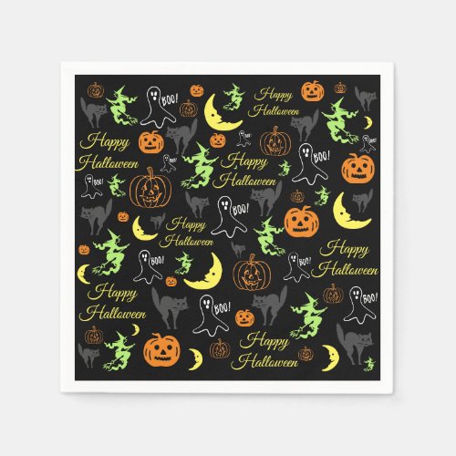 Happy Halloween Pattern Black Napkins