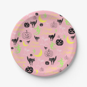 Happy Halloween Pattern Pink Paper Plates