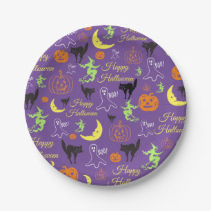 Happy Halloween Pattern Purple Paper Plates