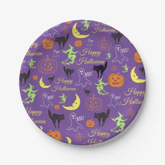 Happy Halloween Pattern Purple Paper Plates (Front)