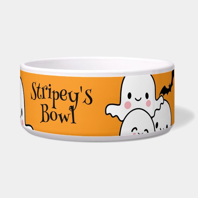 Happy Halloween Personalize PET NAME Ghosts Bat Bowl (Right)