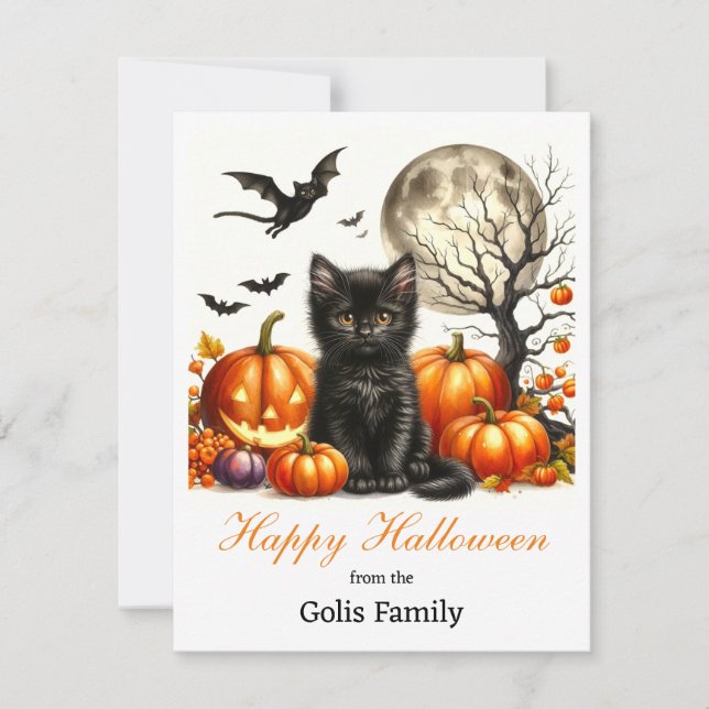 Happy Halloween Personalized Cat Pumpkin  Note Card (Front)