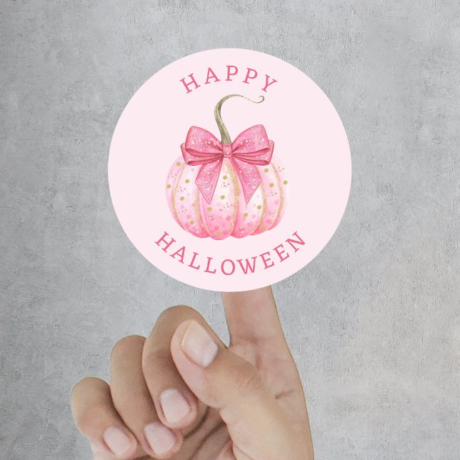 Happy Halloween Pink Coquette Bow Pumpkin Classic Round Sticker (Happy Halloween Pink Coquette Bow Pumpkin Classic Round Sticker
)