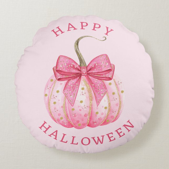 Happy Halloween Pink Coquette Bow Pumpkin Round Pillow (Front)