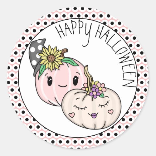 Happy Halloween  Pink Pumpkin and Polka Dots  Classic Round Sticker