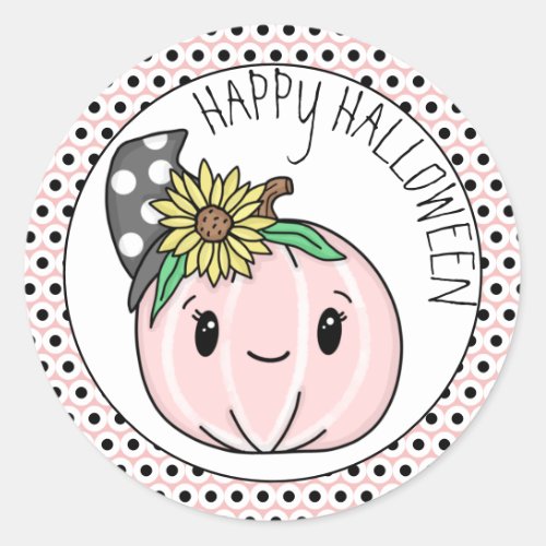 Happy Halloween  Pink Pumpkin and Polka Dots Classic Round Sticker