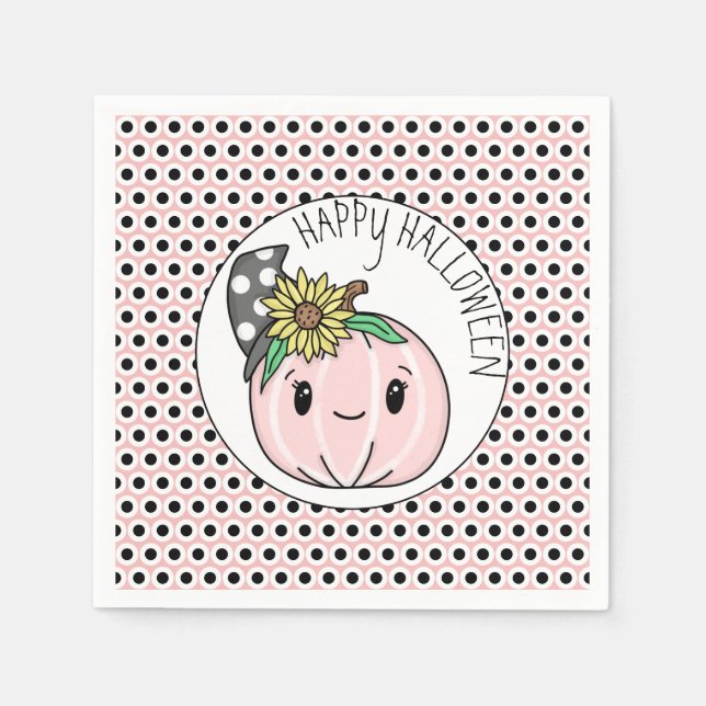 Happy Halloween | Pink Pumpkin and Polka Dots  Napkins (Front)