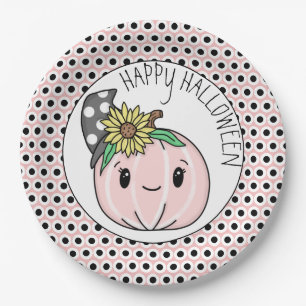 Happy Halloween Pink Pumpkin and Polka Dots Paper Plates