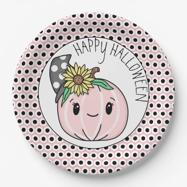 Happy Halloween | Pink Pumpkin and Polka Dots  Paper Plates (Front)