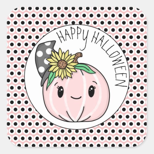 Happy Halloween  Pink Pumpkin and Polka Dots   Square Sticker