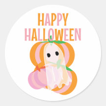 Happy Halloween pink pumpkins and a ghost