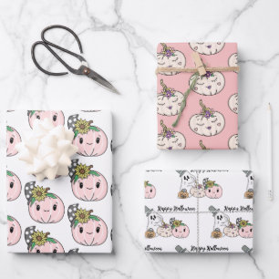 Happy Halloween Pink Pumpkins and Sunflowers Wrapping Paper Sheets