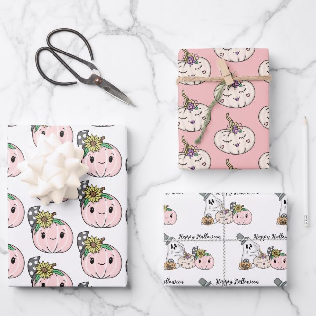 Happy Halloween | Pink Pumpkins and Sunflowers Wrapping Paper Sheets (Front)