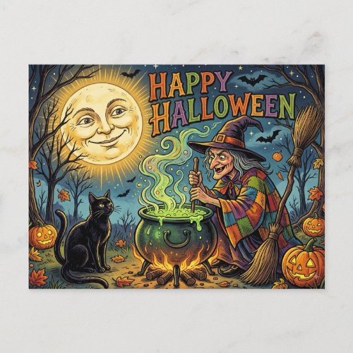 Happy Halloween Postcard, 1930s Retro Witch, Black Postcard