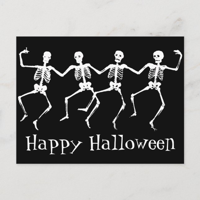 Happy Halloween Postcard with Dancing Skeletons (Front)
