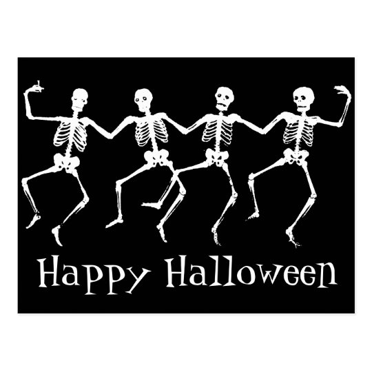 Happy Halloween Postcard With Dancing Skeletons