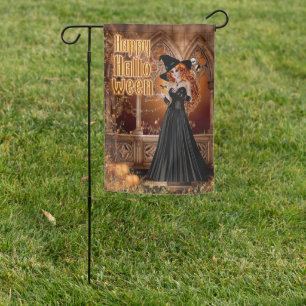 Happy Halloween Pretty Redhead Casting a Spell Garden Flag