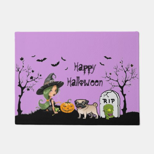 Happy Halloween Pug And Cute Witch Doormat