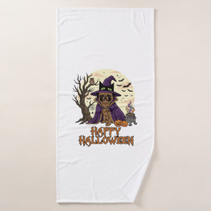Happy Halloween Pug Witch Hat Cauldron Pumpkins_1 Bath Towel Set