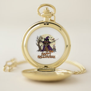 Happy Halloween Pug Witch Hat Cauldron Pumpkins_1 Pocket Watch